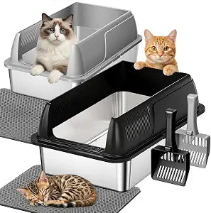 Gimars 2 Pack XL Stainless Steel Cat Litter Box for Big & Senior Cats, Multi-Cat Metal Litter Pan with High Sides, Odor-Resistant & Easy Clean, Includes Litter Scoop, Litter Mat & Anti-Slip Pads