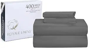 ROYALE LINENS 400 Thread Count 100% American Grown Cotton 3 Piece Sateen Twin Sheet Set - 1 Fitted Sheet, 1 Flat Sheet, 1 Pillow case - Grey Twin Bedsheet - Cotton Sheets - (Twin, Spanish Slate)