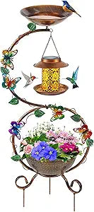 YYWMWM Metal Birdbath with Flower Planter Pedestal and Solar Bird Feeders Combo for Outdoor, Decorative Bird Bath with Butterfly for Garden Yard Outside