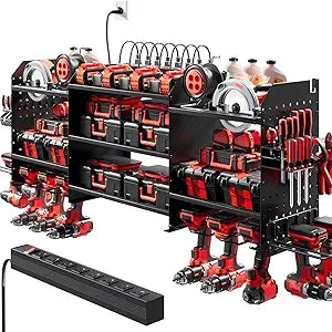 Upgrade Large Power Tool Organizer Wall Mount with Charging Station, 6.5FT Power Strip, 10 Drill Holders, and Storage Rack for Garage Organization