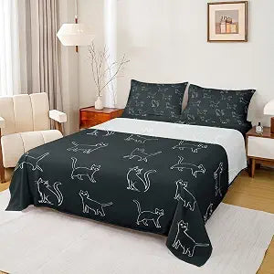 Cute Cat Kids Black & White Bed Sheets - Twin Size Set (1 Flat + 1 Fitted + 1 Pillowcase), Soft Room Decor for Boys & Girls