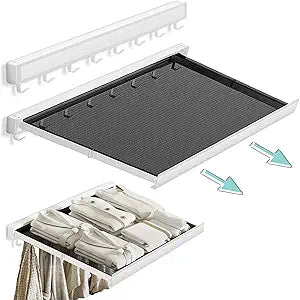 LETINE Wall Mounted Drying Rack: Retractable Indoor Clothes Drying Rack Aluminum Alloy Frame w/Soft Mesh Surface. Laundry Rack & Temp Shelf for Balcony, Bathroom, Kitchen. with 8 Hooks (White, L)