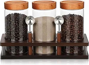 Suclain 3 Pcs Glass Coffee Bean Container 44 oz Airtight Coffee Canister with Shelf and Measuring Spoon Kitchen Food Canister Jar for Sugar Candy (Vintage Style)