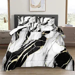 Bedbay Black Gold Comforter Set Queen Size Abstract Marble Bedding Set Black Grey with Gold Metallic Print Modern Marble Stone Comforter Bed Set 1 Comforter 2 Pillowcases 1 Cushion Cover