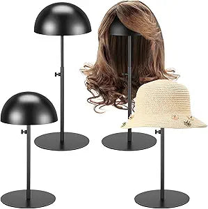 Sintuff 4 Pcs Hat Display Stand:adjustable 7.9-15.7inch Wigs Head Holder Stand Non Slip Stainless Steel Metal Rack for Multiple Hats Wig Storage Styling Practice(Black,Round Base)