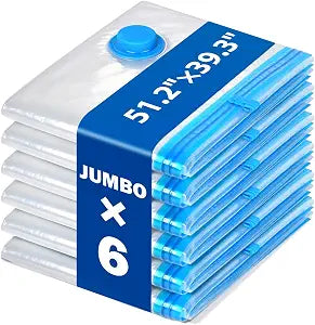 6 Pack Jumbo Extra Large 51.2 x 39.3 Vacuum Storage Bags for King Size Comforter Bedding Pillow, 5XL Vacuum Seal Bags Space Saver Reusable Heavy Duty for Coat Quilt Blanket Clothing