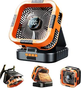 KIMMOO Solar Camping Fan with Light-10000mAh Rechargeable Portable, 6 Speeds, Digital Display, Timer, 120 Oscillation, Cordless Battery Powered Fan for Home Outdoor Tent Travel BBQ Fishing (Orange)