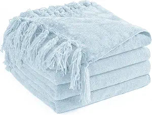 Chenille Throw Blanket for Couch 60"X 80" Twin, Soft Cozy Throws with Fringe Tassel for Bed Sofa Chair Cover, Lightweight Knitted Decorative Boho Blankets for Living Room, Light Blue