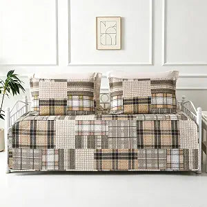 Jarson 3 Pcs Plaid Daybed Cover Set Twin Size Brown Beige Sofa Cover Double Side Bed Set Classic Patchwork Bedding Sets Daybed Quilt Set with Pillow Shams