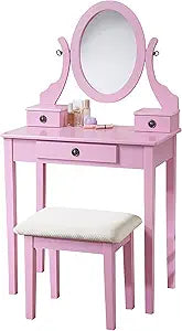 Roundhill Furniture Moniys Moniya Pink Wood Makeup Vanity Table and Stool Set