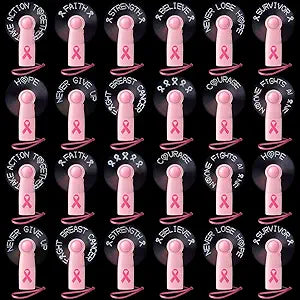 Glooglitter 24 Pcs Breast Cancer Awareness Gift Bulk Mini Handheld Battery Powered Fans Pink Ribbon Breast Cancer Gifts Bulk Hope Faith Strength Courage Inspiring Fans for Women Party Supplies Favors