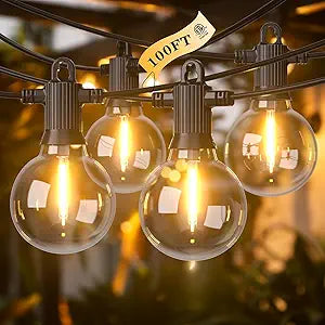 Kawaya Outdoor String Lights 100 FT LED Patio Light with 50+2 Shatterproof Edison Globe Bulbs - IP65 Waterproof Dimmable Hanging Lights - 2700K Warm White Lighting for Outside Porch Deck Bistro Cafe