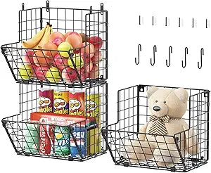 X-cosrack Metal Wire Basket Wall Mount, 3 Tier Wall Storage Organizer with 5 S Hooks, Kitchen Fruits and Vegetables Bin Toys Organizer Hanging Basket Black (S (10.83" L x 10.63" W x 30" H))