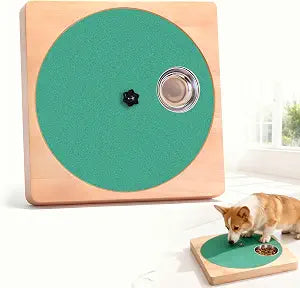 Wooden Interactive Dog Nail File Scratch Board - Adjustable Resistance Rotating Style with Stainless Steel Treat Bowls for Stress-Free Paw Care (11.81"x11.81"x1.81")