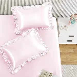 Homiest Blush Pink Queen Ruffle Pillowcase & Satin Fitted Sheet Set 3Pcs