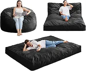 Hobestluk Giant Bean Bag Chair Bed for Adults, Large Bean Bags with High-Density Foam Filling, Convertible Big Sofa Bed Couch for Living Room, Bedroom, Playroom (Black, Full)