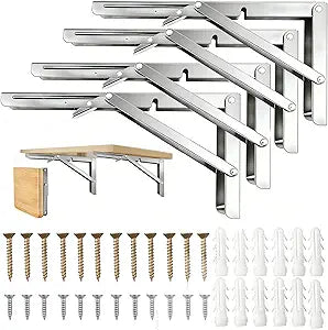 Heavy Duty 18 Inch Fold Down Shelf Brackets 4-Pack, Collapsible Wall Mounted Stainless Steel Folding Brackets for 8 10 12 14 16 18 20 Inch Shelves, Space-Saving Hardware for Kitchen, Bathroom, Garage