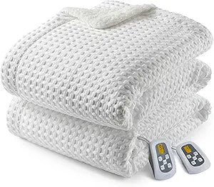 CAROMIO Heated Blanket King Size with LCD Dual Controller, Waffle Weave Fast Heating Electric Blankets, 10 Heat Levels & 1-12H Time Settings, ETL Certified, Machine Washable, Off White, 100" x 90"
