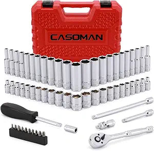 CASOMAN 1/4-Inch Drive Master Socket Set with Ratchets, Adapters, Extensions with 1/4 Dr. Bits Set, Inch/Metric, 6-Point, 5/32-Inch - 9/16-Inch, 4 mm - 14 mm, 62-Piece 1/4" Dr. Socket Set