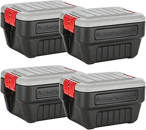 Rubbermaid ActionPacker 8 Gal Lockable Storage Box Pack of 4, Outdoor, Industrial, Rugged, Grey and Black
