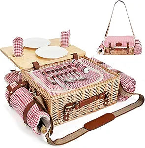 Multifunctional Wicker Picnic Basket Set for 2 with Blanket and Picnic Table, Insulated Picnic Set with Full Tablewares for Camping Outdoor Couples, Gingham