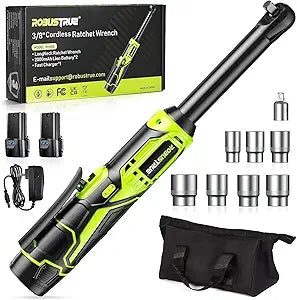 Robustrue 3/8" Cordless Ratchet Wrench, 6-inch Extended Ratchet Wrench, 40Ft-lbs 400RPM Cordless Ratchet, 2 Batteries Power Electric Ratchet Driver with Variable Speed, 7 Sockets, LED Light