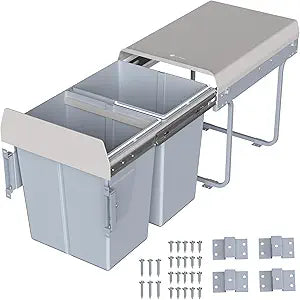 Life Finds 40L Under Counter Pull-Out Dual Trash Can System, Double Recycling Trash Can with Lid for Cabinet, Sliding Kitchen Waste Bin, Gray, LF-POTC2