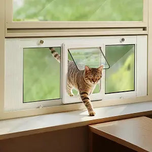 LIBBEPET Cat Door for Window, Aluminum Window Cat Door Insert Fit Windows Width 27"-32", Cat Flap for Window with Magnetic Flap Opening 7.8 x 8.3 in, Tool-Free Install, Safety & Weatherproof, Medium