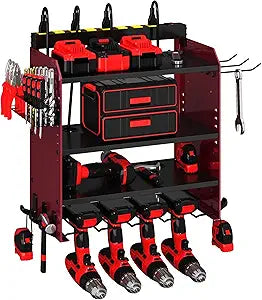Power Tool Organizer Wall Mount with Charging Station,4 Drill Holder Wall Mount with 8 Outlet Power Strip,Heavy Duty Tool Rack with Hooks,Screwdriver Organizer in Garage(Dark Red,4 Layers)