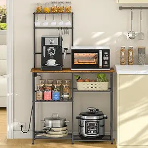3IngSeagulls Bakers Rack with Power Outlet, Kitchen Microwave Stand with 10 S-shaped Hooks, 6-Tier Coffee Bar Station, Kitchen Storage Shelf Rack for Spices, Pots, Rustic Brown