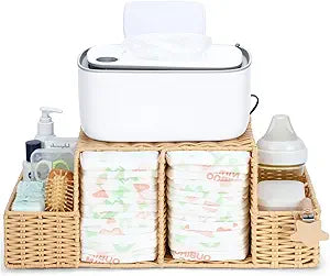 Diaper Caddy Organizer, Hand Rattan Nursery Storage Basket for Baby Essentials, Baby Changing Table Organizer Perfect Nursery Assistant (Hollow PE Rattan - Style 2, L)