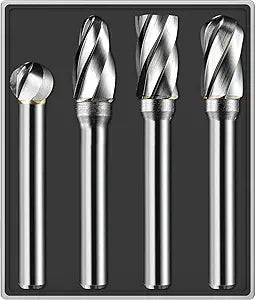 4Pcs Carbide Burr Set 1/4 Shank Aluminum Cut (Wide-Flute Cut) Die Grinder Bits Rotary Tools Attachment Kit Rasp File Accessories Metal Wood Stone Steel Grinding Deburring Cutting Porting Carving