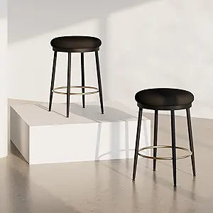 Christopher Knight Home Set of 2 24.75'' Modern Iron Frame Counter Stools with Fabric Upholstered Round Seating Cushion and Golden Footrest, Barstools for Kitchen/Bedroom/Dining Room, Black