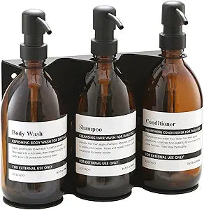 Glass No-Drill Wall Mounted Shower Soap/Hand Soap Dispenser with Adjustable Stainless Steel Holder for Bathroom and Kitchen-(Black 3 Chamber)