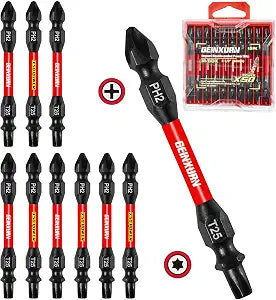 Geinxurn 10Pcs PH2-T25 Impact Double End Screwdriver Bit Set, 2.56 in. #2 Phillips /#25 Torx Power Driver Bits, Magnetic S2 Steel Two Sides Screwdriver Bits Set with Storage M-Box