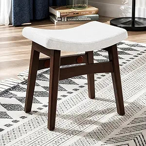 Solid Wood Vanity Stool, Compact Makeup Chair with Saddle Cushion, Off White-Covered High Rebound Sponge Seat, Easy Assembly Footstool for Bedroom, Entryway, Home, Walnut Color