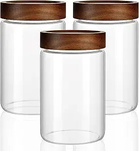 3 Pack 28 fl oz/850 ml Clear Glass Storage Canister with Airtight Wooden Screw On Lid, Medium Decorative Glass Container Jar Set for Coffee, Candy, Cookie, Condiment, Pepper, Sugar, Oatmeal