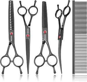 Dog Grooming Scissors Kit, Professional 6 in 1 Pet Scissors Sharp Shears Set - Straight, Thinning, Chunker, Curved Shears and Comb for Long Short Hair for Dog Cat (Set, Black)