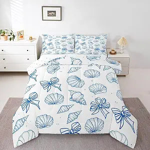 Erosebridal Blue and White Bow Full Bedding Set, Blue Seashell Bows Comforter Set for Girls Kids, Cute Preppy Bow Tie Quilt, Coastal Beach Bedroom Decor, 2 Pillowcases Breathable