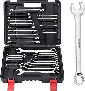 BULLTOOLS 32-Piece Combination Wrench Set, SAE and Metric 1/4"-1" & 7mm-22mm Wrenches Chrome Vanadium Steel Box End and Open End Standard Wrench Set with Case