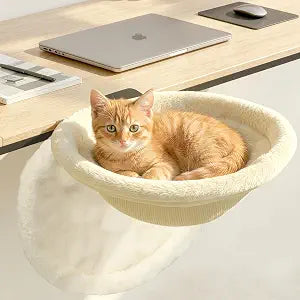 Pawaboo Cat Desk Bed, Sunken Cats Hammock with Steel Clamp Hold up to 40lbs, One-click Foldable Cat Side Table Beds with Soft Plush, Reversible & Washable Hanging Cats Bed for Game Home Desktop, Beige