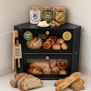 Corner Bread Box for Kitchen Countertop Bamboo Bread Box with Airtight Design, Dual Divided Compartments, Magnetic Closures, Non-Slip Feet, Clear Windows, Tongs & 2 Free Baking Books -Black