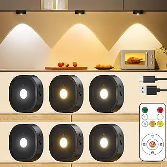 Puck Lights with Remote, Rechargeable Battery Touch Push lights, 3 Colors Led Under Cabinet Lighting, 1500mAh Wireless Tap light, Stick on Closet Light for Kitchen, Pantry, Shelves (Black 6 Pack)