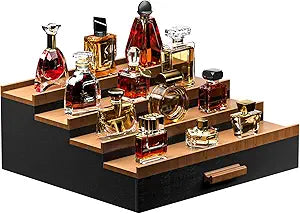 Vdamu Cologne Organizer for Men,4 Tier of Elevated Cologne Display Stand with Drawer Storage,Wood Cologne Display,Perfume Organizer and Storage Display Risers,Great Gift for Men (Black Walnut)