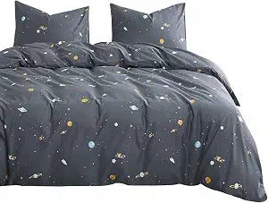 Wake In Cloud - Space Comforter Set, 100% Cotton Fabric, Constellation Cute Star Rocket Astronaut Themed for Teen Kids Boys, 3 Pieces Bedding Set, Gray, Full Size