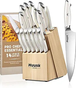 Huusk Knife Set with Block - 14 Pieces Japanese Stainless Steel Knives Blocks Set for Kitchen with Ergonomic Ivory White Handle Natural Wood Block Housewarming Gift for Women Men