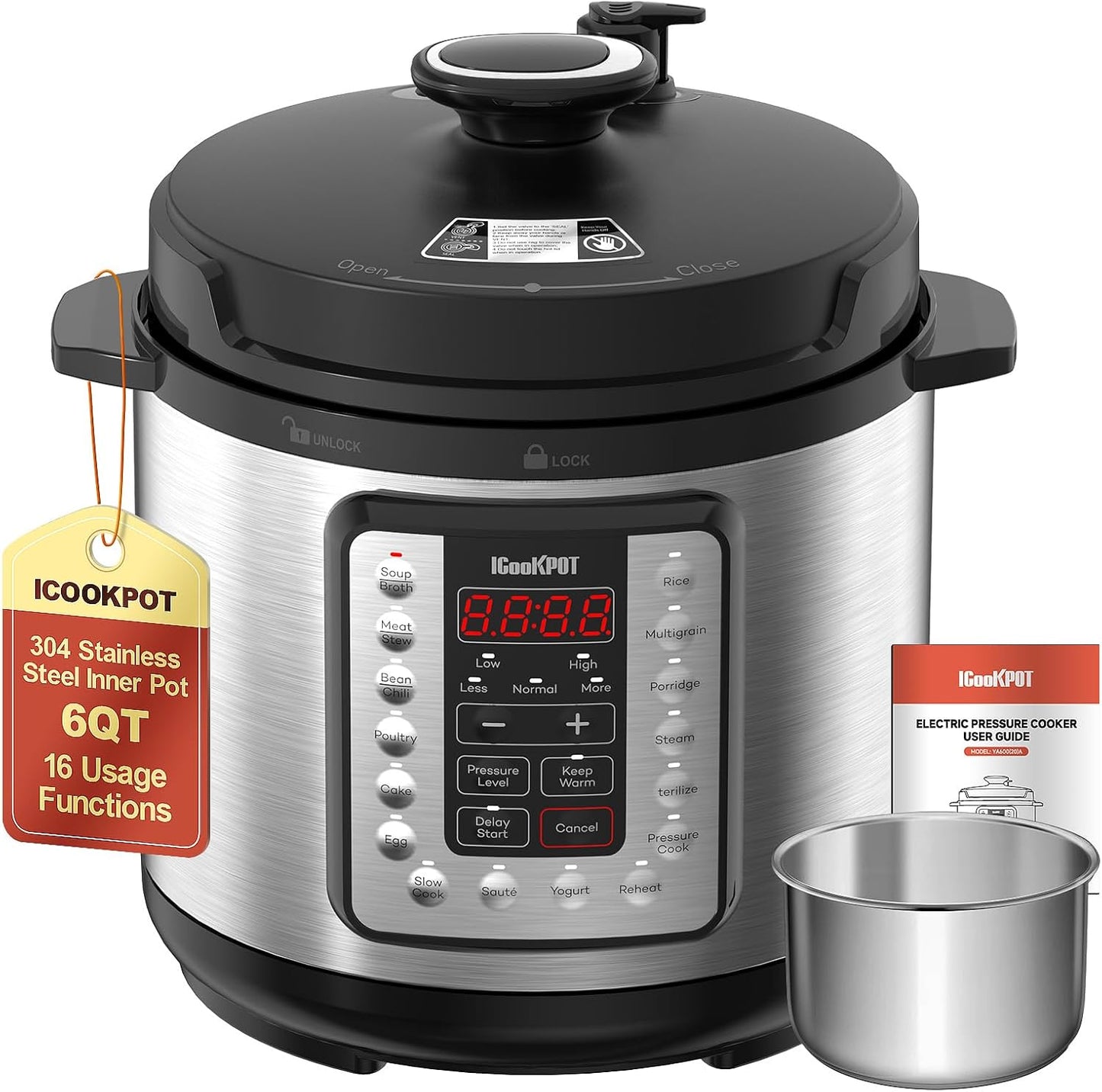 ICOOKPOT 16-in-1 Electric Pressure Cooker, Slow Cook, Rice Maker, Steamer, Yogurt, Warmer & Sterilizer, Programmable with Automatic Keep Warm, 6-Quart Stainless Steel