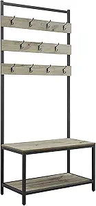 Linon Shaymus Grey Metal Hall Tree with Greywashed Wood Bench and Seat Featuring Multiple Hooks