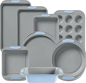 Pyrex 8-Piece Metal Bakeware Set, Lightweight Stainless Steel Baking Trays with Heatsafe Silicone Handles, Cookie & Muffin Sheets, Round/Square Baking Pans, Cerulean