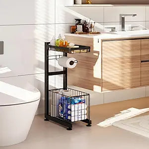 Toilet Paper Holder Stand with Storage Shelf (Black Gray)